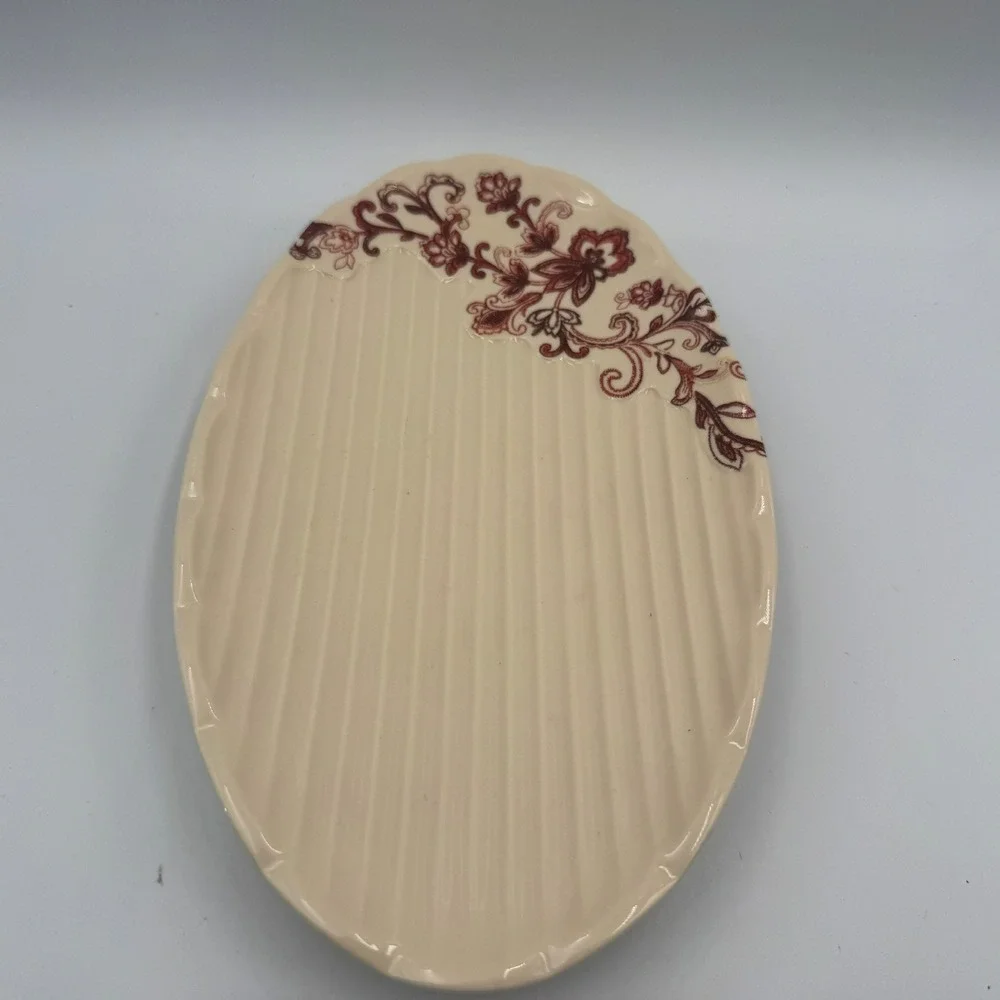 Reba Cream Ceramic Oval Serving Platter Burgundy Floral Scalloped Ribbed Serving